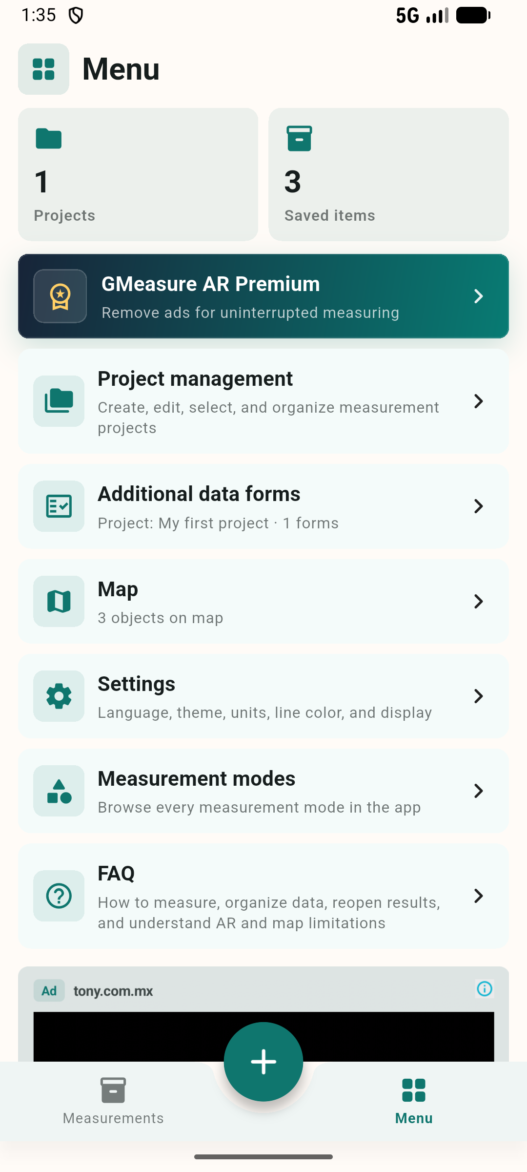 Project, form, and settings menu