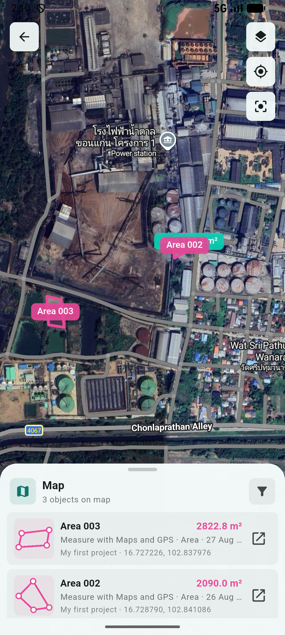 Named and sized parcels shown on a satellite map