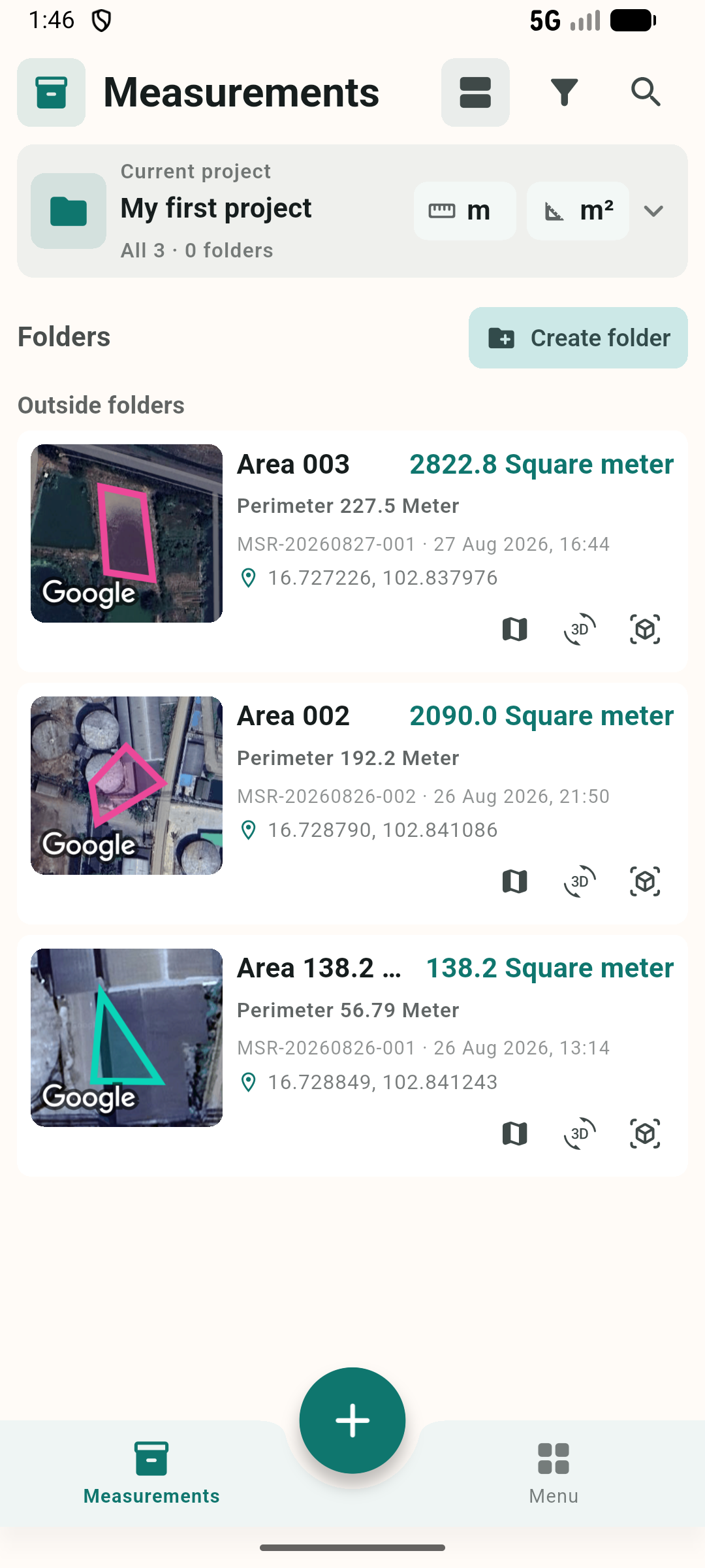 Measurement list with map previews and area results