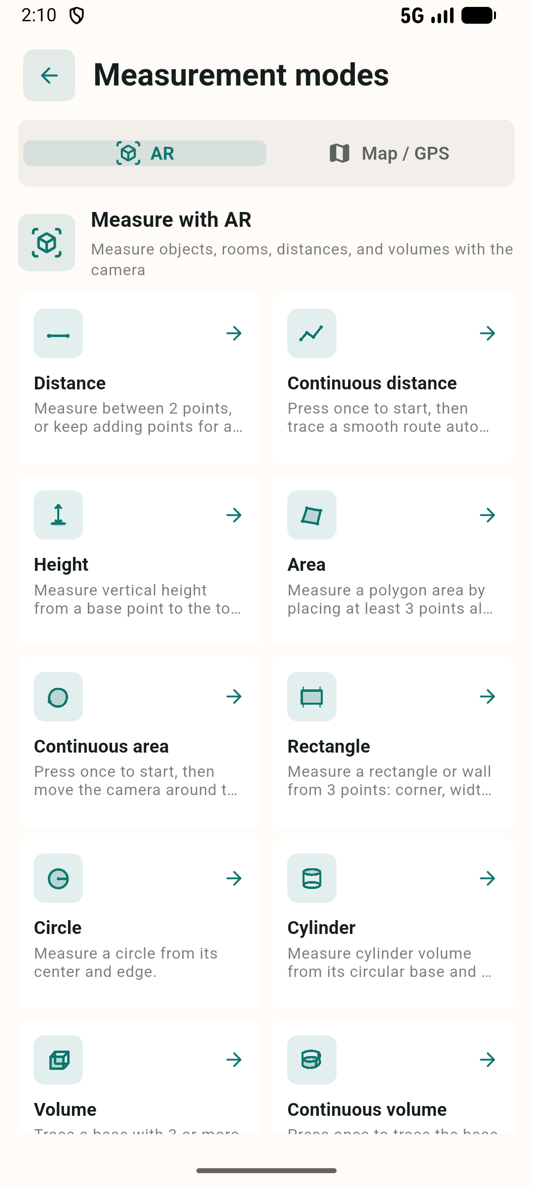 GMeasure AR measurement mode picker