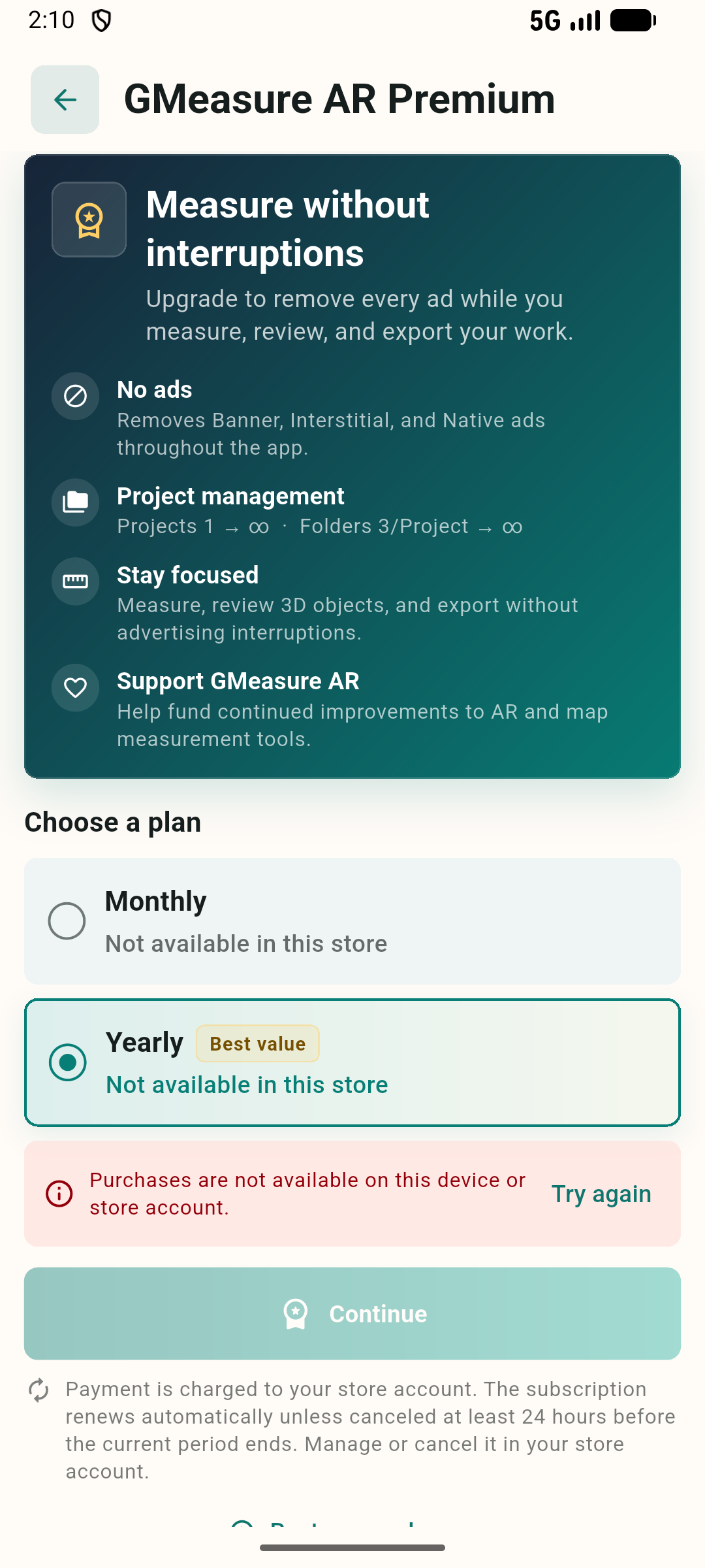 GMeasure AR Premium screen with monthly and yearly plans