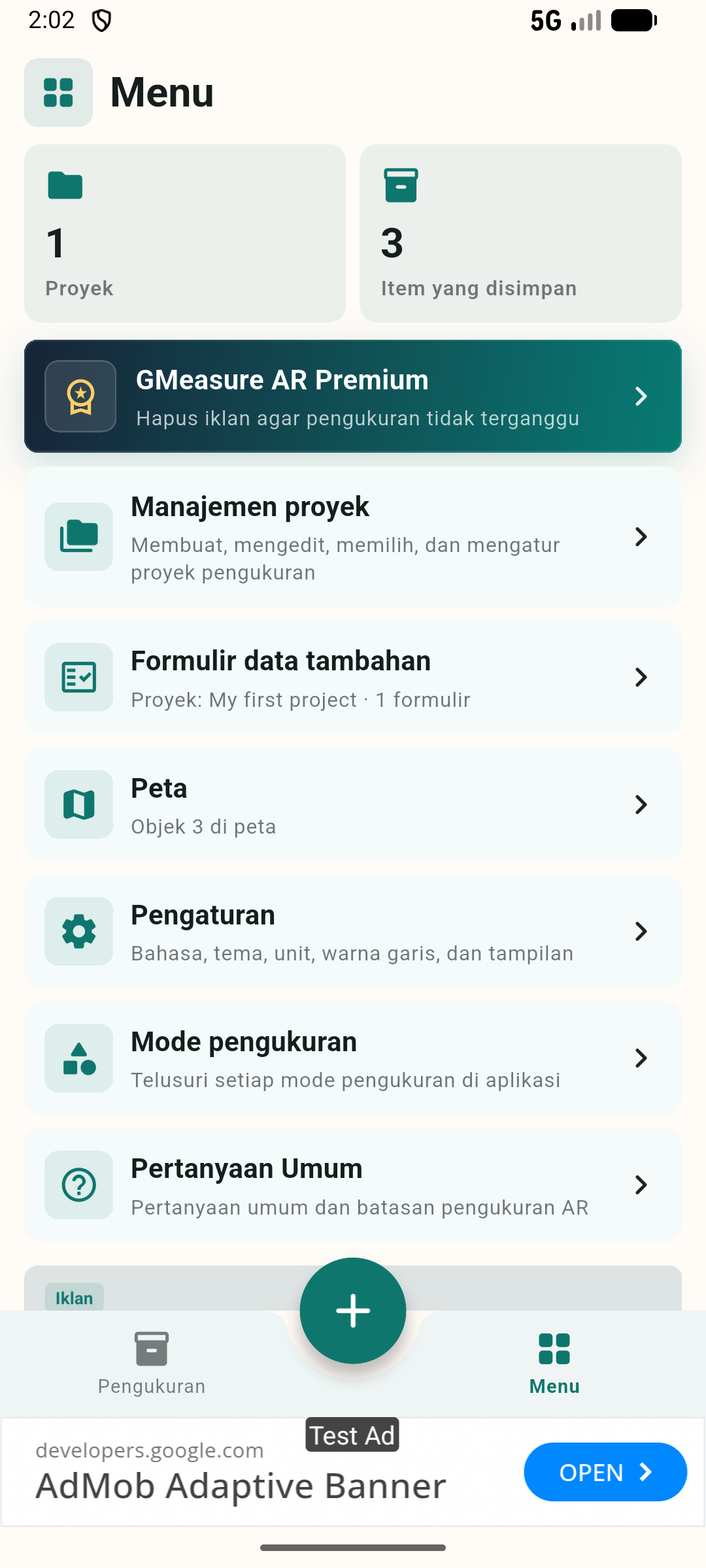 Menu proyek, formulir, dan pengaturan