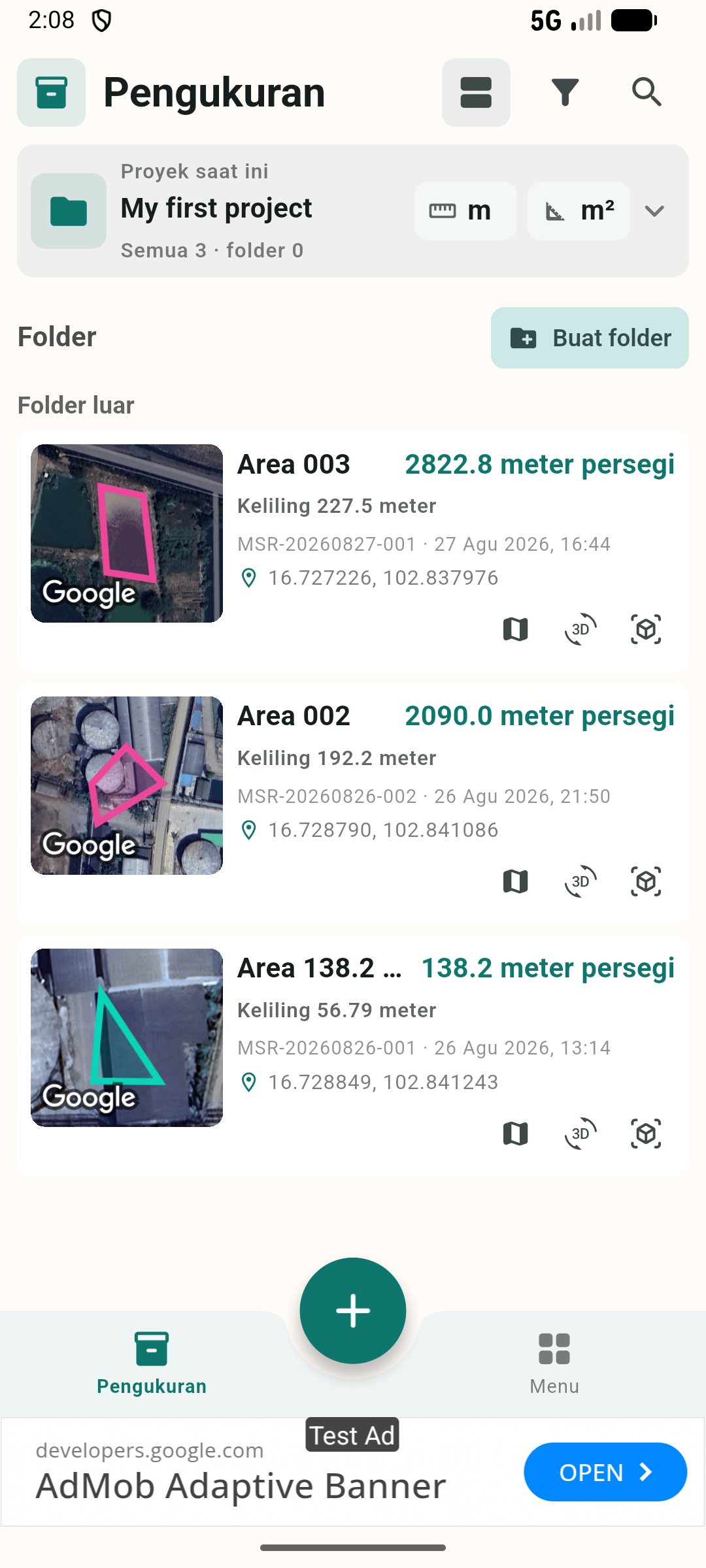 Daftar pengukuran dengan pratinjau peta dan hasil luas