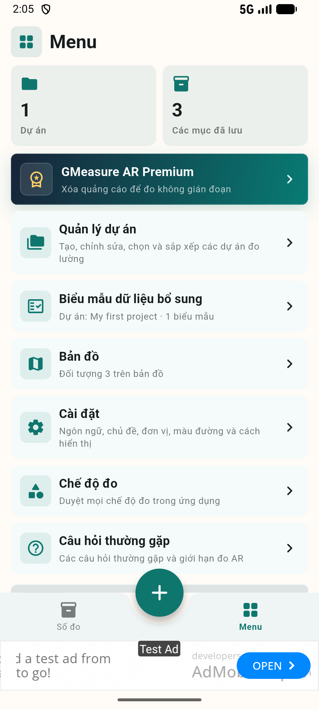 Menu quản lý dự án, biểu mẫu và cài đặt