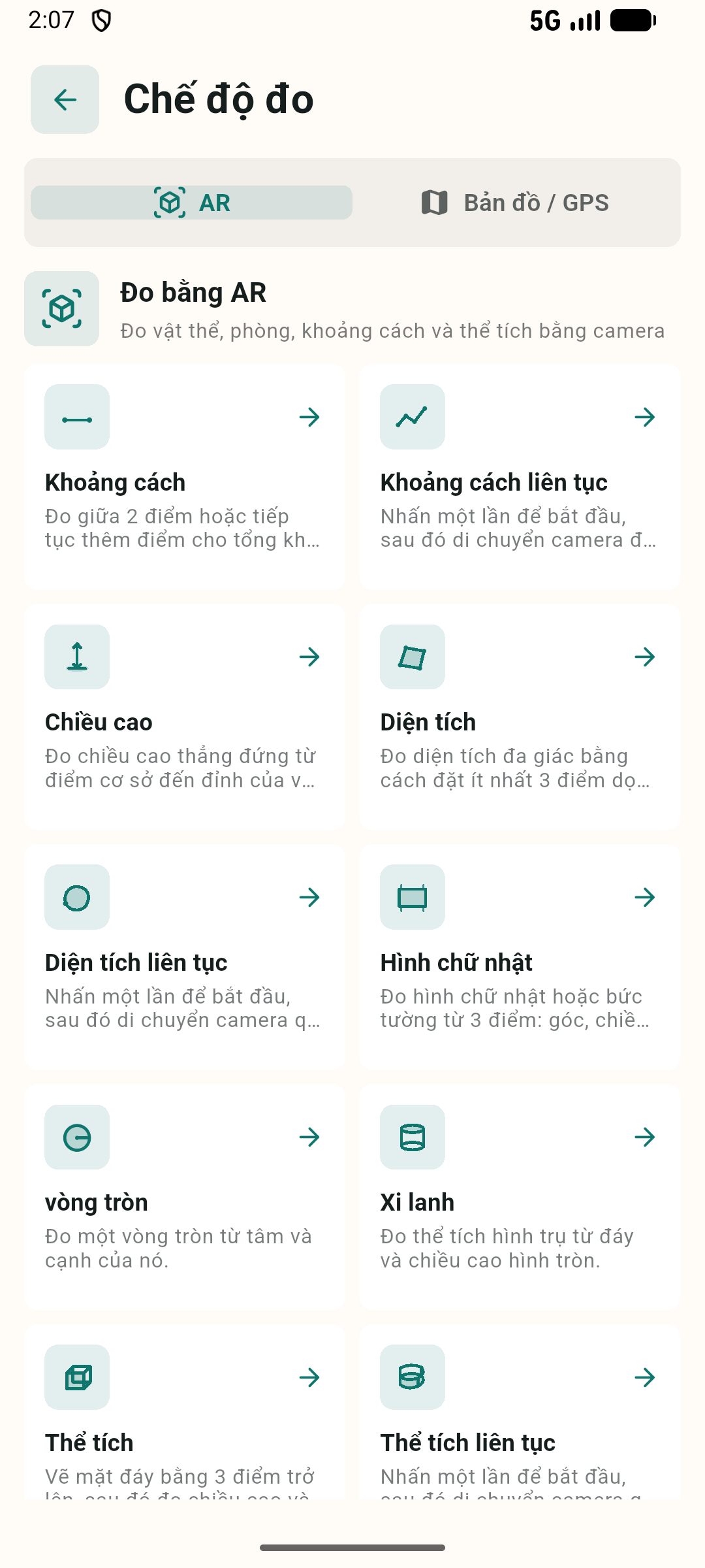 Màn hình chọn chế độ đo của GMeasure AR