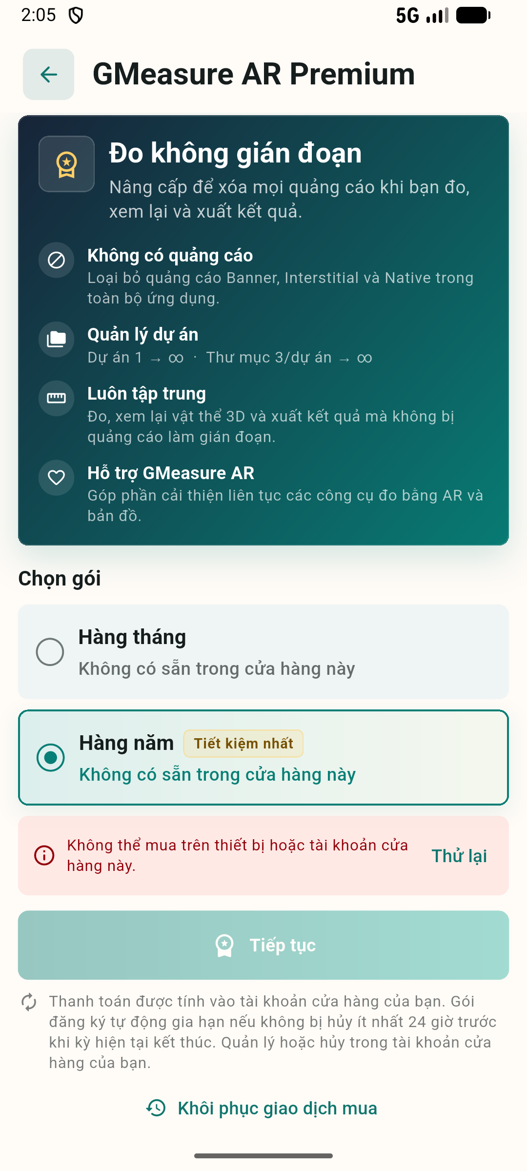 Màn hình GMeasure AR Premium với gói tháng và năm